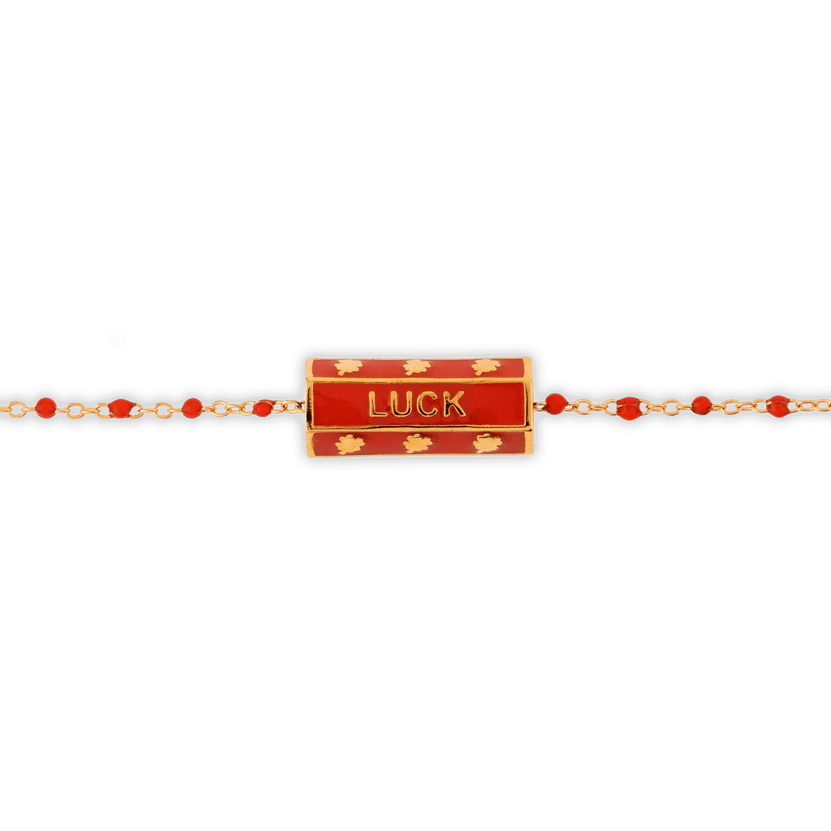 Collier Plaqué Or 42 à 45cm Talisman 20*8mm Luck Email Et Bille Résine Rouge