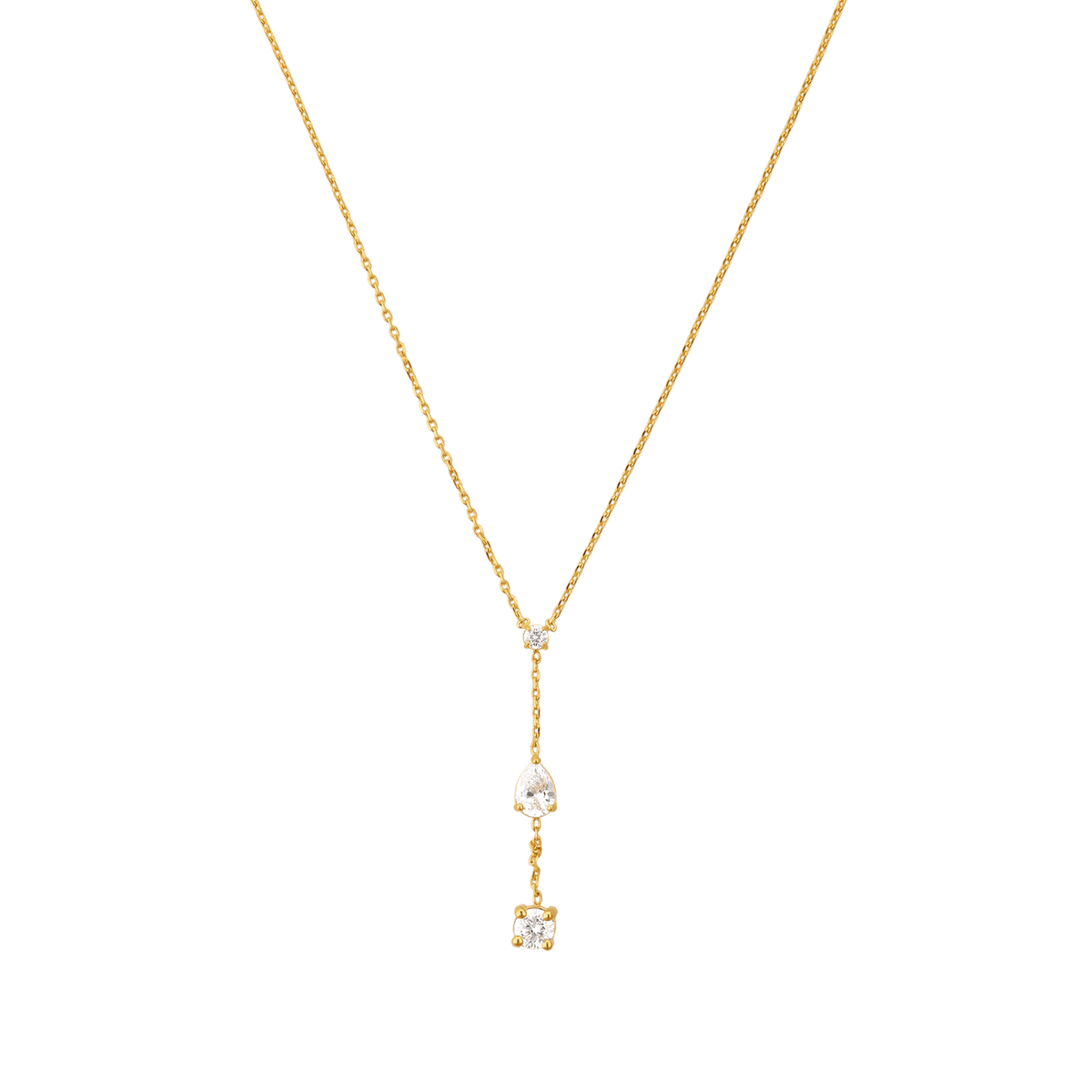Collier Y Plaqué Or Zirconium Serti Griffes 5 à 7mm Pendant 45mm Chaîne 1.2mm 38 à 42cm