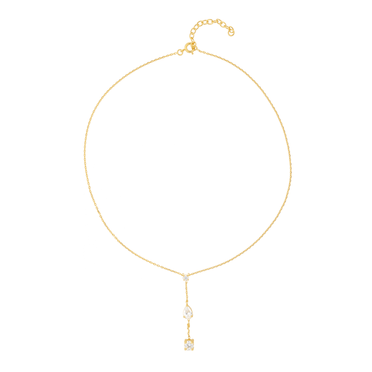 Collier Y Plaqué Or Zirconium Serti Griffes 5 à 7mm Pendant 45mm Chaîne 1.2mm 38 à 42cm