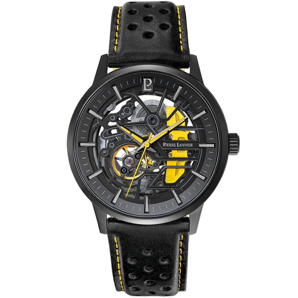 Montre Homme PADDOCK Cadran Noir Bracelet Cuir Perforé Noir