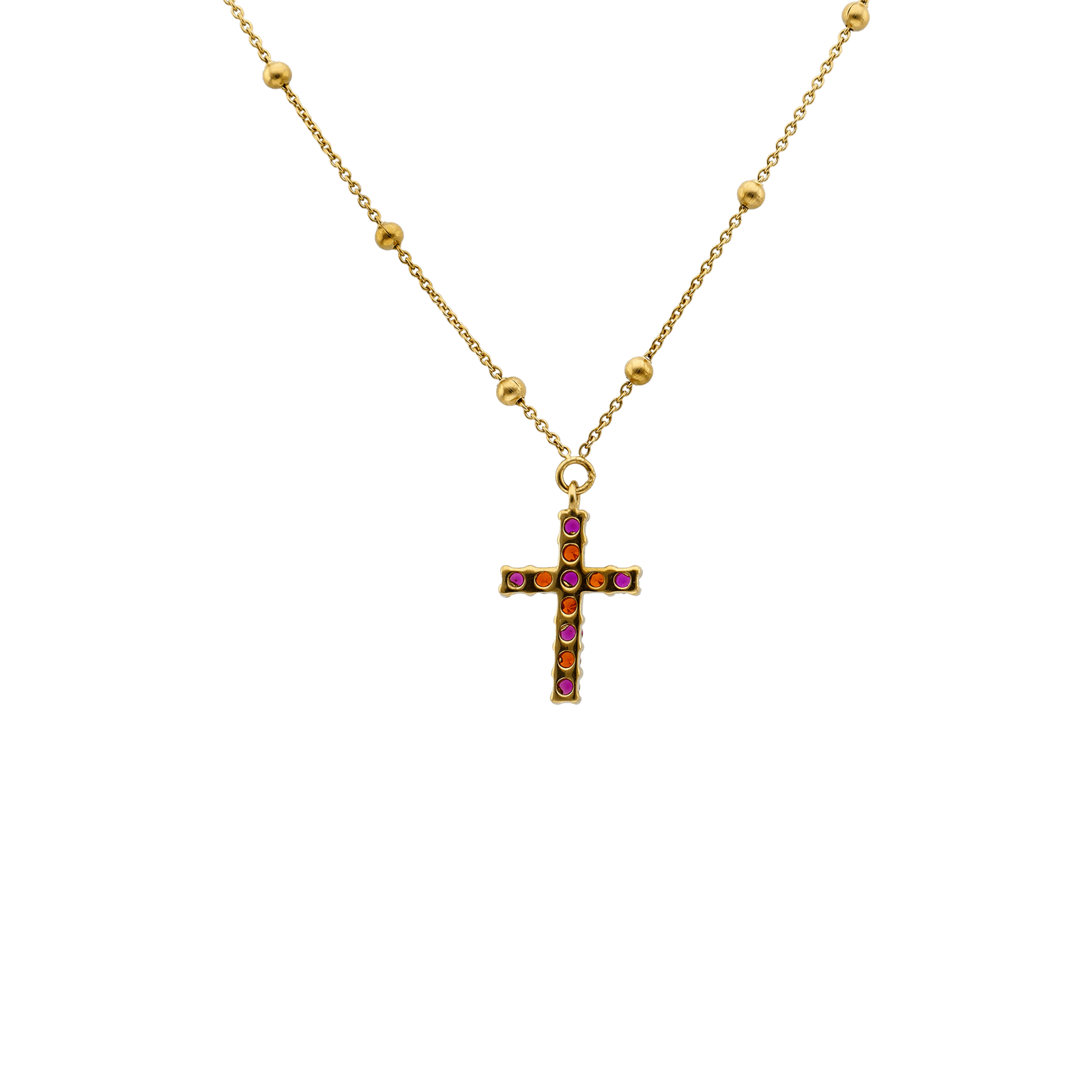 Collier Callas Acier doré chaîne fine boule centre Croix Oxyde de Zirconium couleur 40 plus 5 centimètres