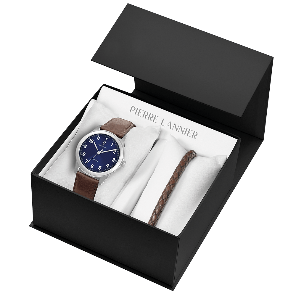 Coffret Homme AVIATEUR Argenté Cadran Bleu Bracelet Cuir Brun 20 MM