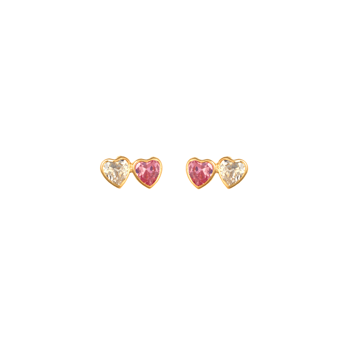 Boucles D'oreilles Or 375 Double Cœur Zirconium 5.7*11mm Fermoir Or 375 Silicone