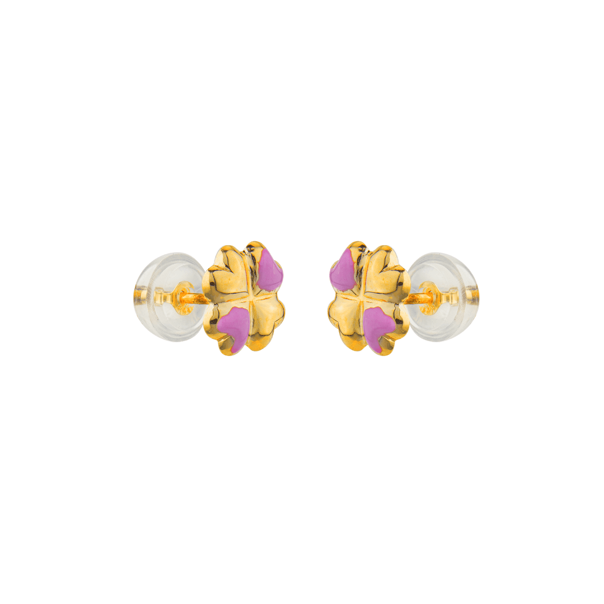 Boucles D'oreilles Or 375 Fleur Email Rose 7mm Fermoir Or 375 Silicone