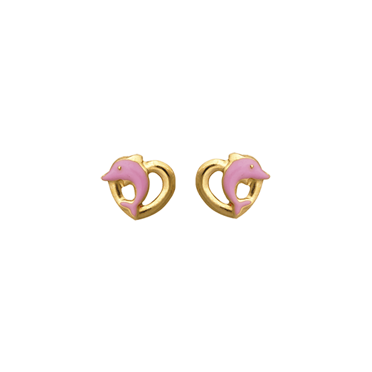 Boucles D'oreilles Or 375 Cœur Dauphin Email Rose 7*7.7mm Fermoir Or 375 Silicone