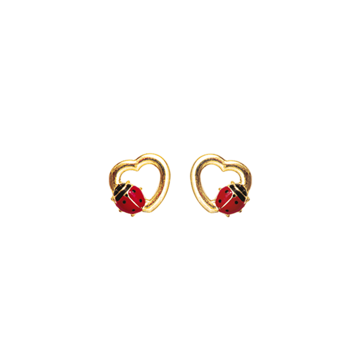 Boucles D'oreilles Or 375 Cœur Coccinelle Email Rouge Noir 6.5*7mm Fermoir Or 375 Silicone