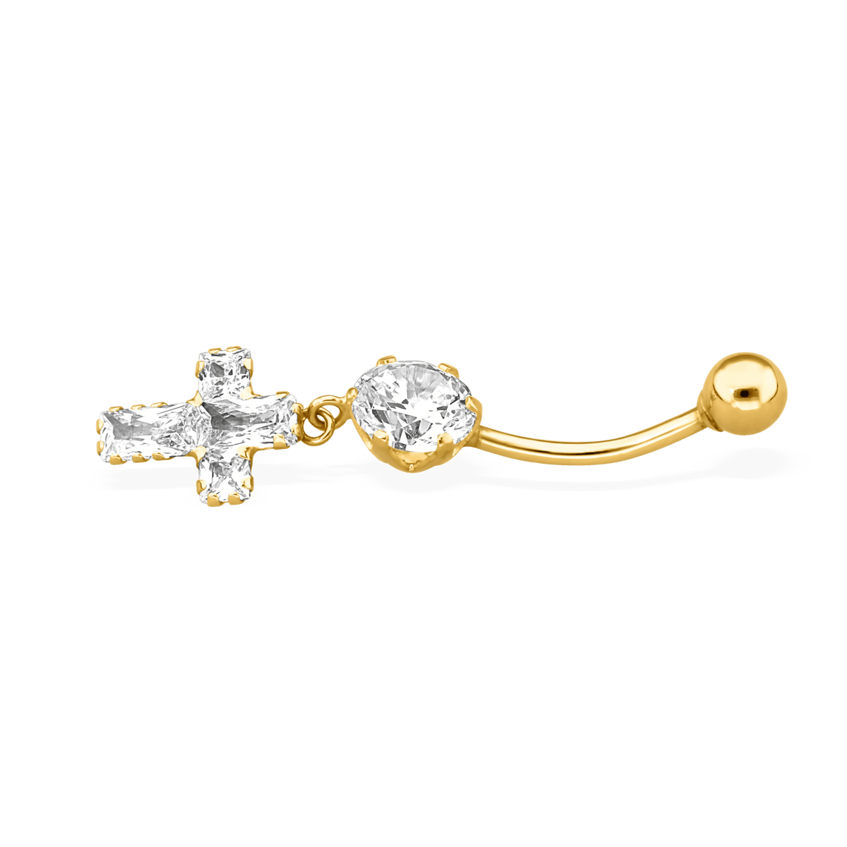 Piercing Nombril Or 375 20mm Tige1.2mm Zircon6mm Croix Zircon8*10mm Boule4mm