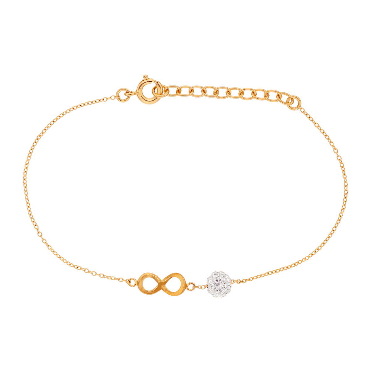 Bracelet Plaqué Or Infini 6*11mm Boule Cristal 5mm Chaîne 0.9mm 16 à 18cm