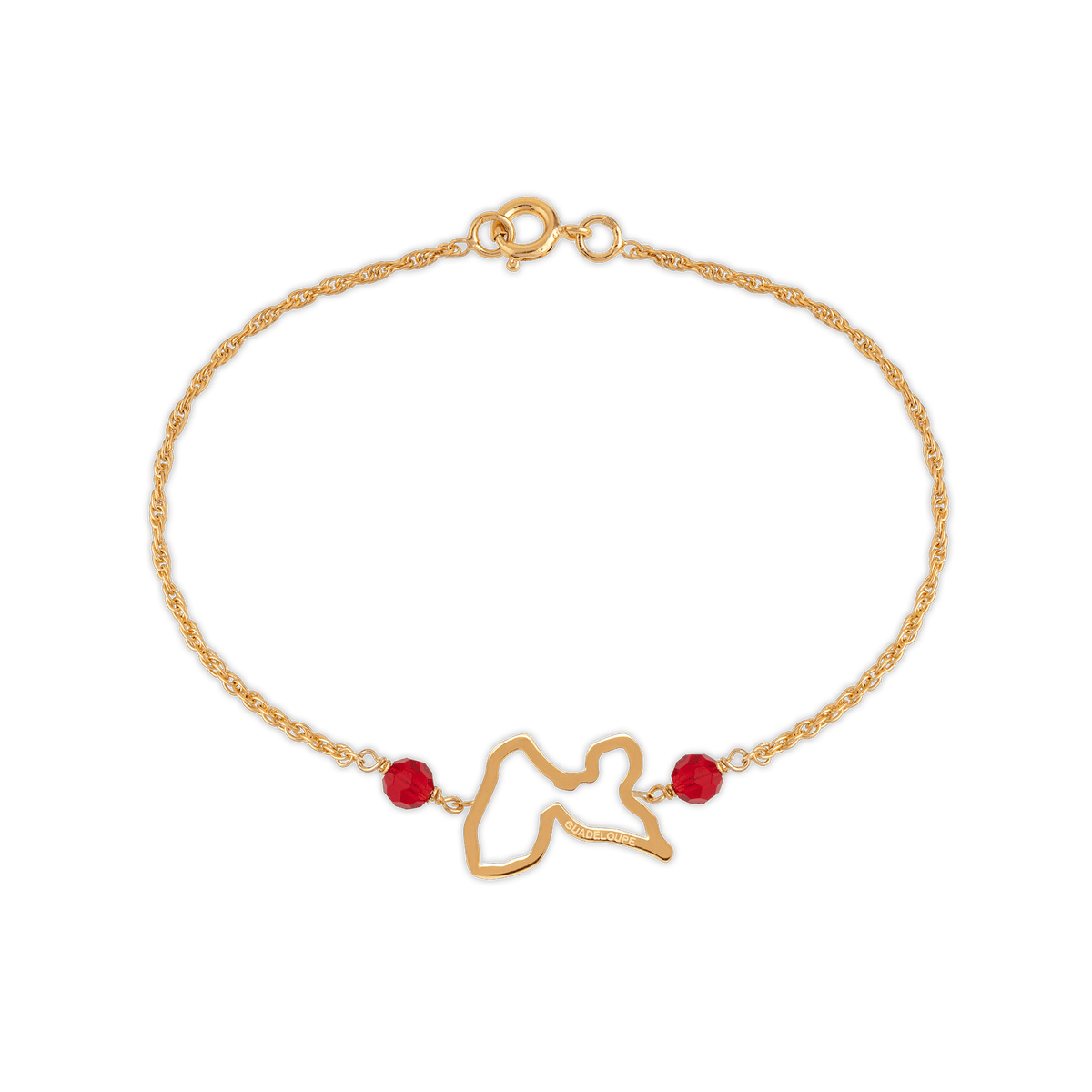 Bracelet Plaqué Or Carte Guadeloupe 15*10mm Cristal Grenat 4mm 18 à 20cm