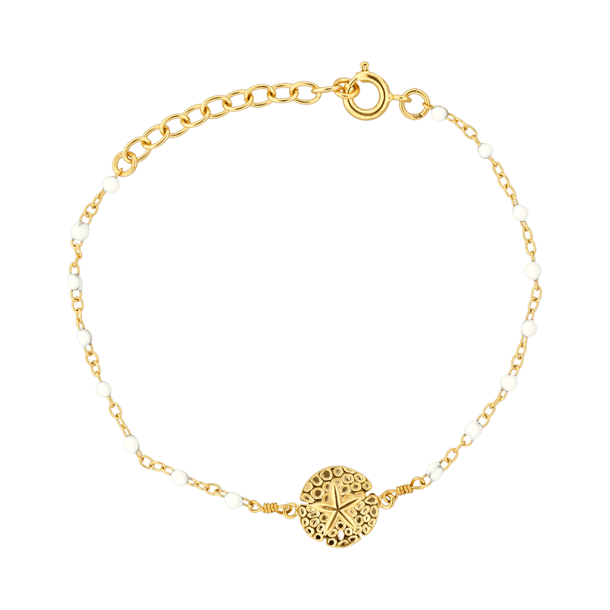 Chaîne Cheville PlaquéOr Dollar DesSables10mm EmailBlanc1.7mm Chaîne1.5mm25 à 27cm