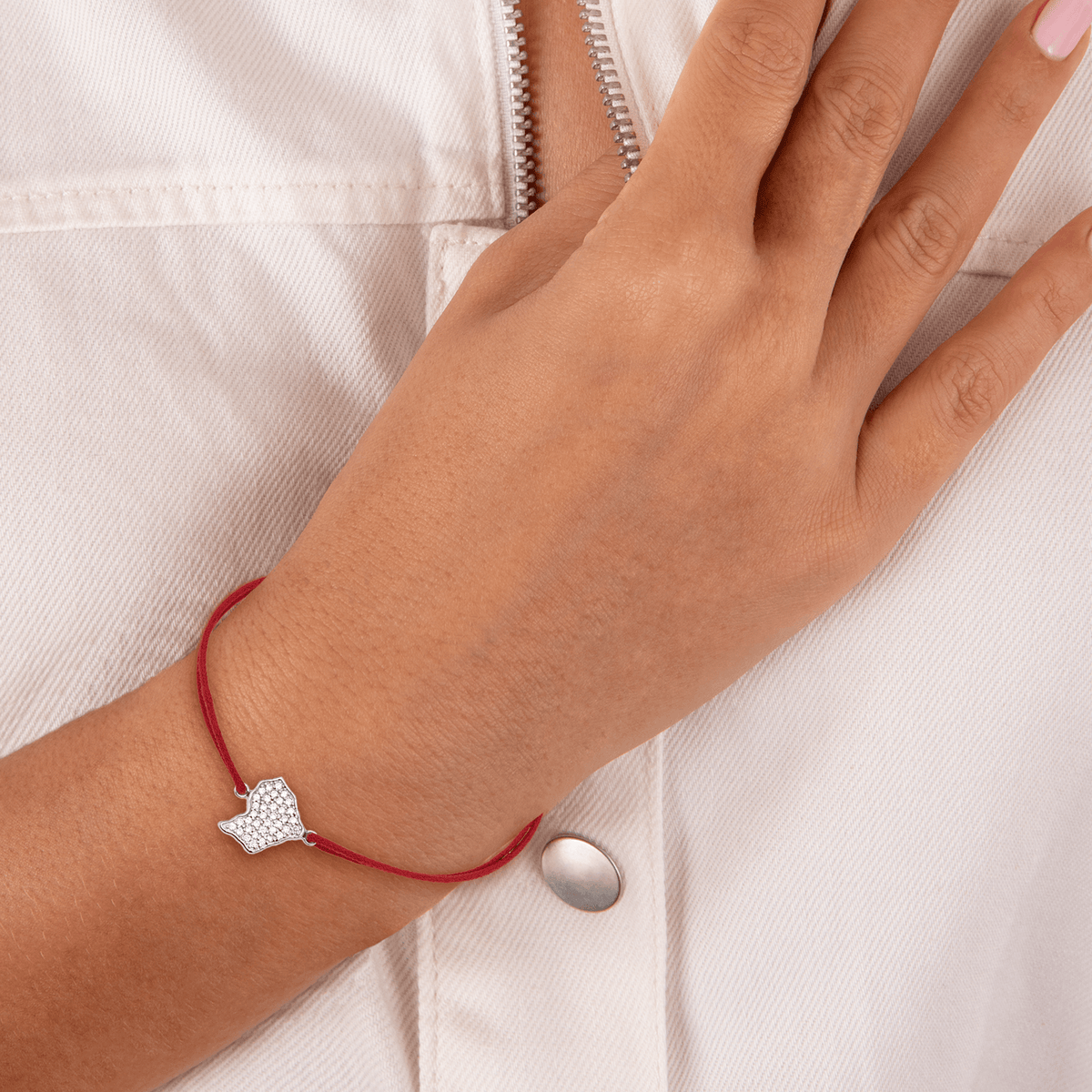 Bracelet Argent 925 Carte Guyane Zirconium 11.7*14.5mm Cordon Rouge 18cm