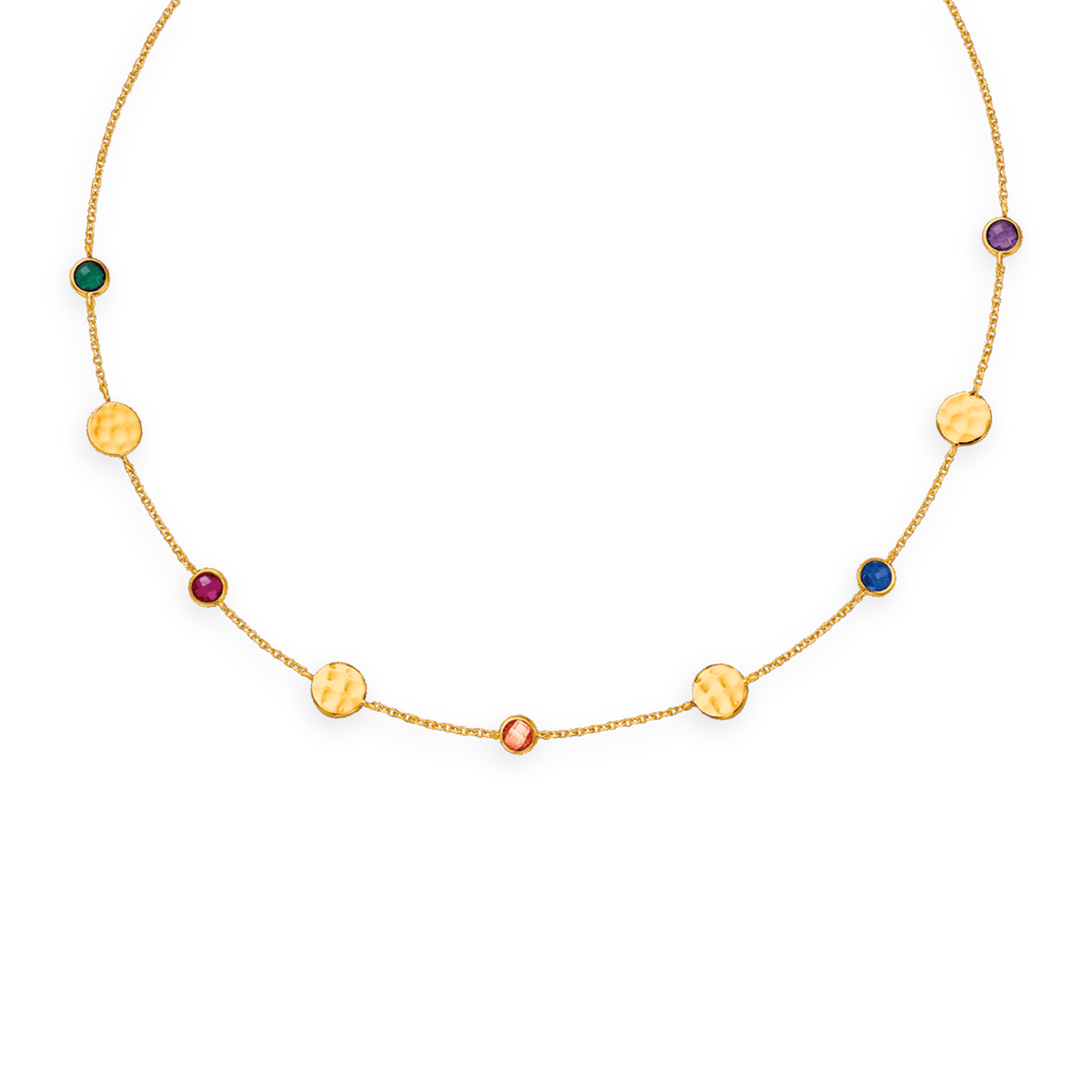 Collier Plaqué Or Chaîne 36 à 40cm Pastilles Martelées 7mm Zirconium Teinté 5mm