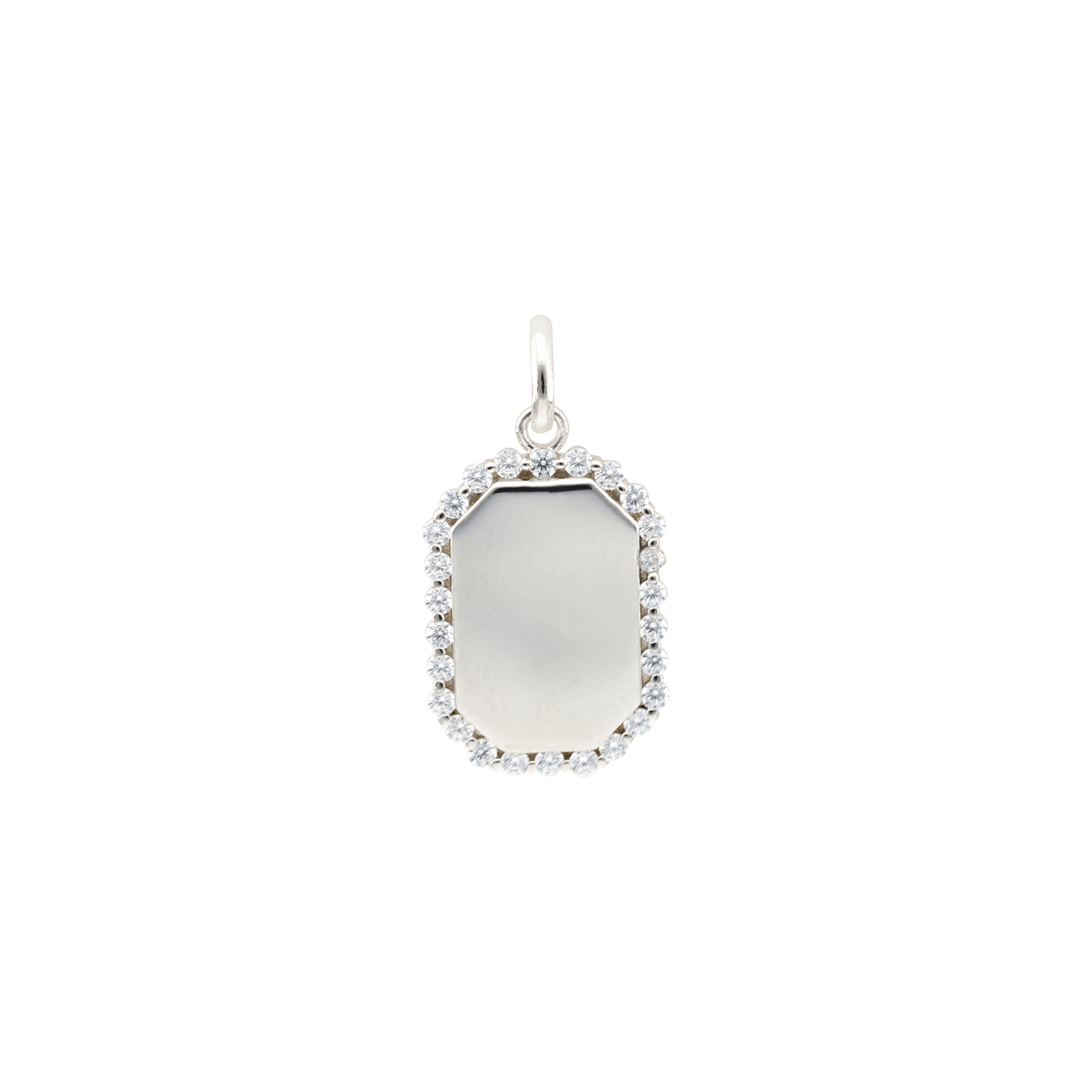 Pendentif Argent Rond plaque lisse entourage oxydes blancs