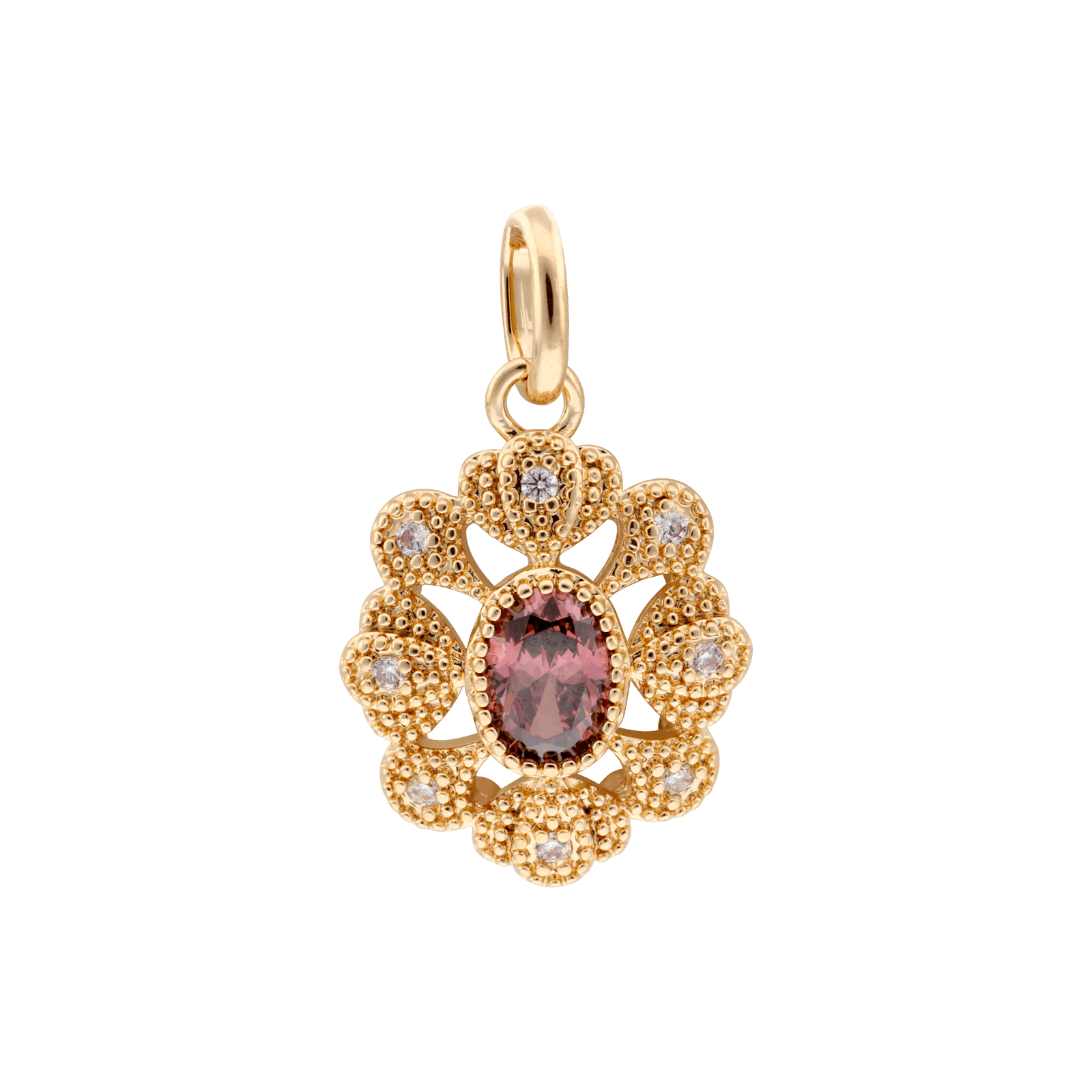 Pendentif Plaqué or fleur vintage Smoky rose plus Oxydes blancs