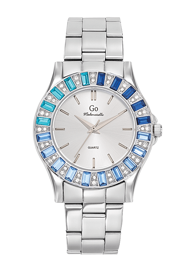 Montre go Mademoiselle cadran cristaux bleu, bracelet acier