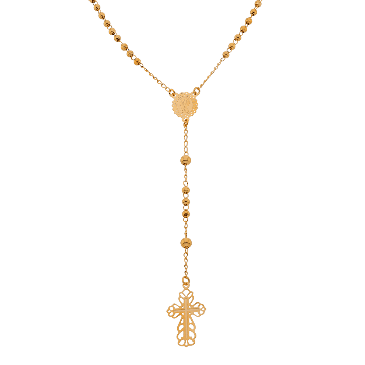 Collier Chapelet Plaqué Or Chaîne 1.5mm Médaille Croix Boules Pendant 100mm 45 cm