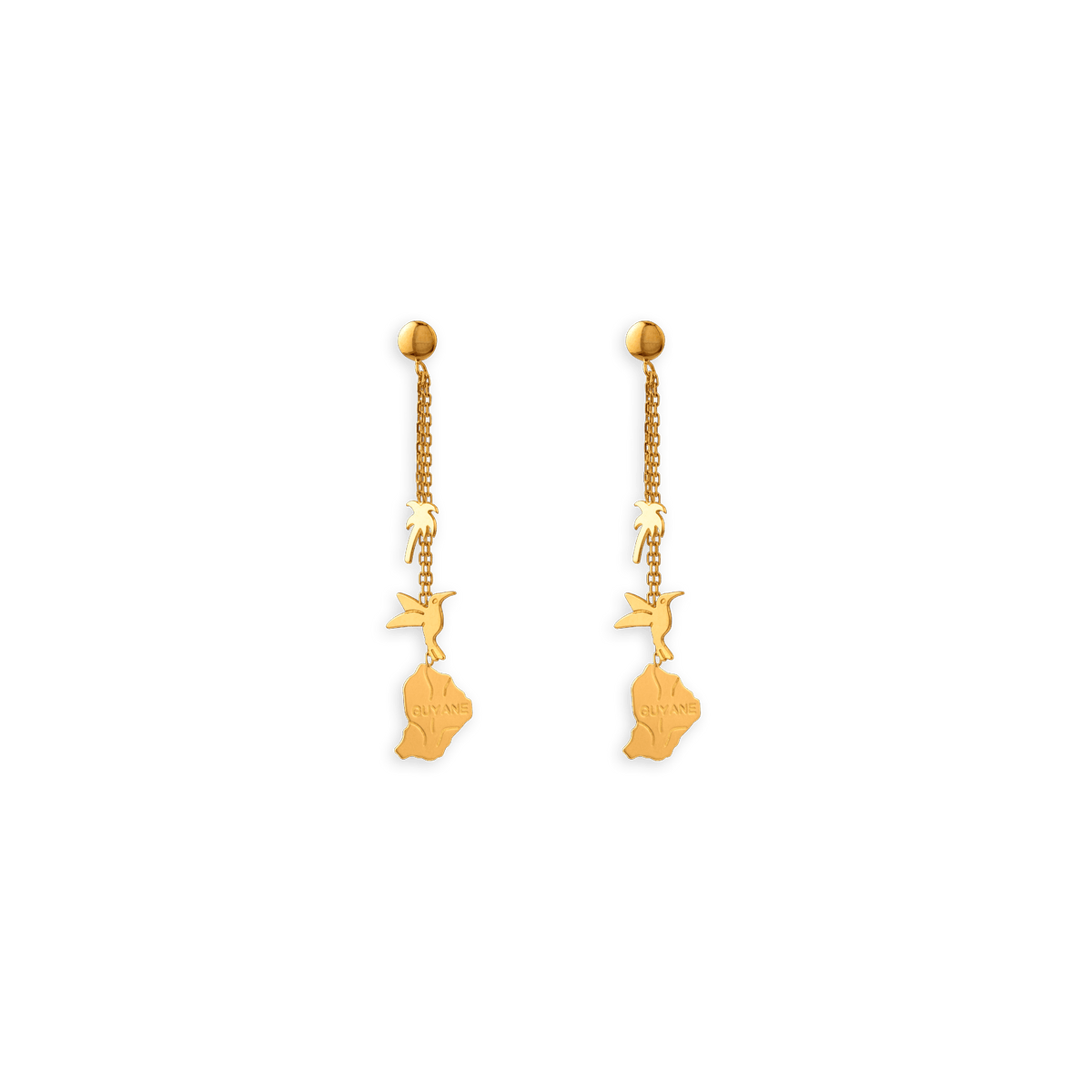 Boucles D'oreilles Pendant 38mm Carte Guyane Palmier Colibri Or 750