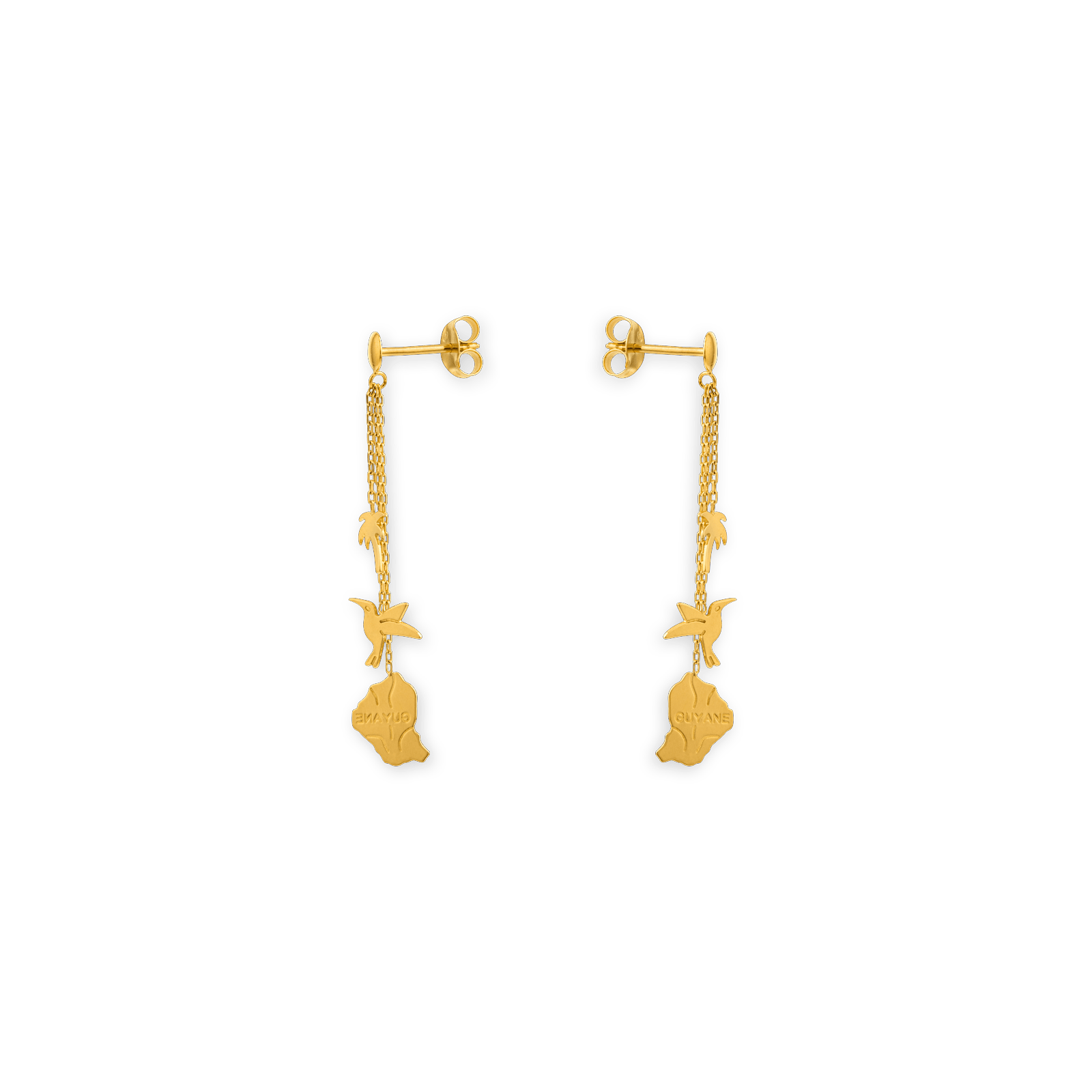 Boucles D'oreilles Carte Guyane Palmier Colibri Pendant 38mm Or750