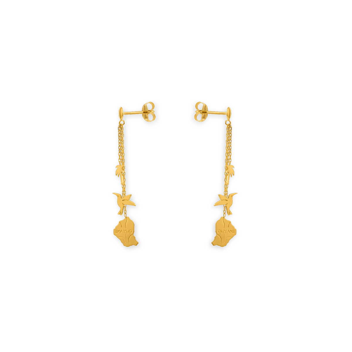 Boucles D'oreilles Pendant 38mm Carte Guyane Palmier Colibri Or 750