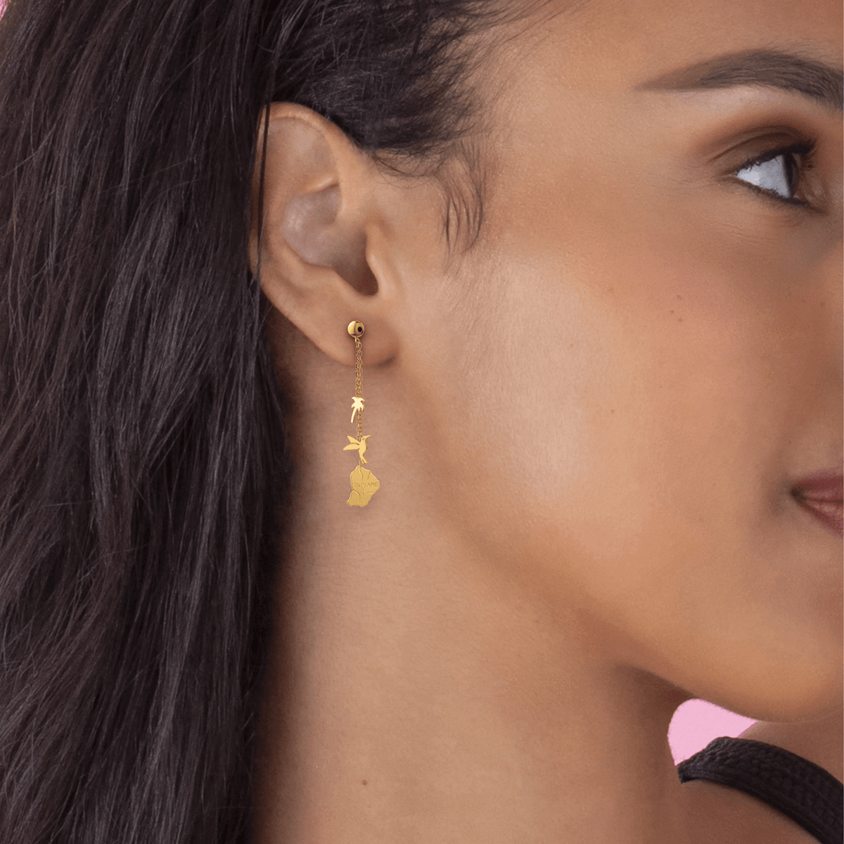 Boucles D'oreilles Pendant 38mm Carte Guyane Palmier Colibri Or 750