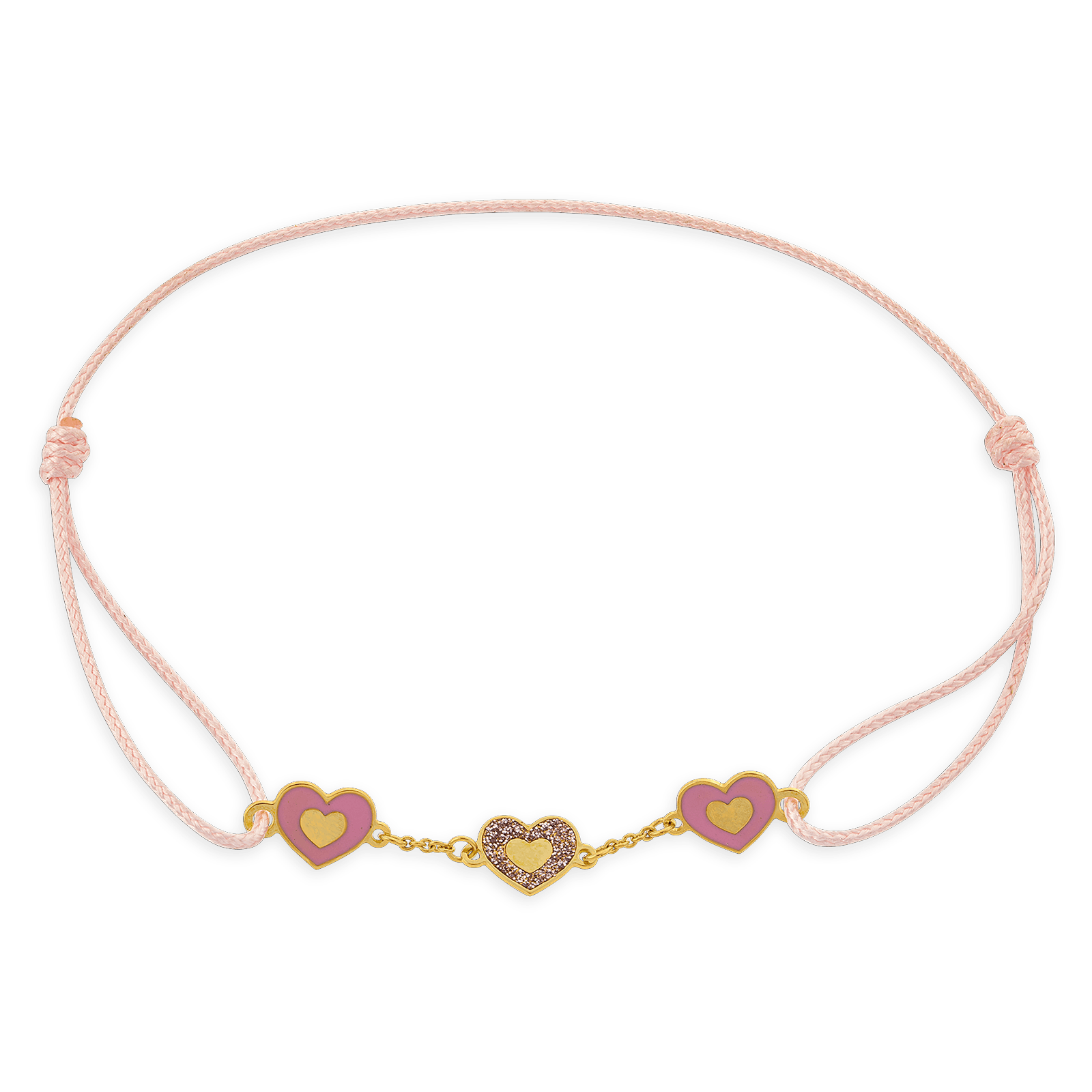 Bracelet Or375 Cœurs Email Pailleté Cordon Rose