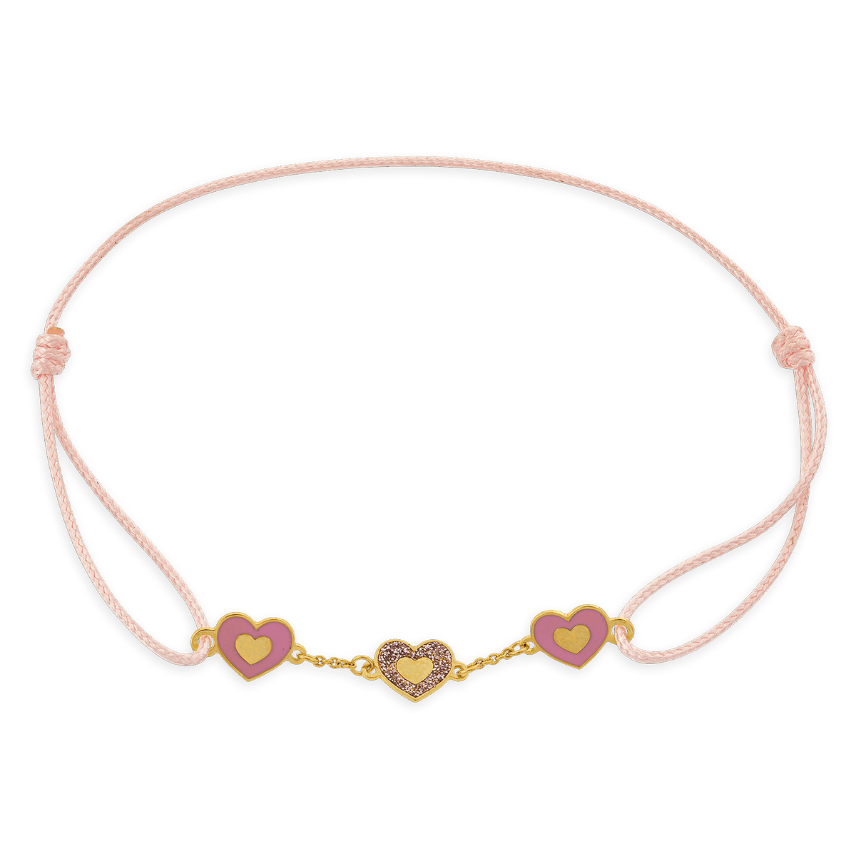 Bracelet Or 375 Cœurs Email Rose Pailleté 6mm Cordon Rose 16cm