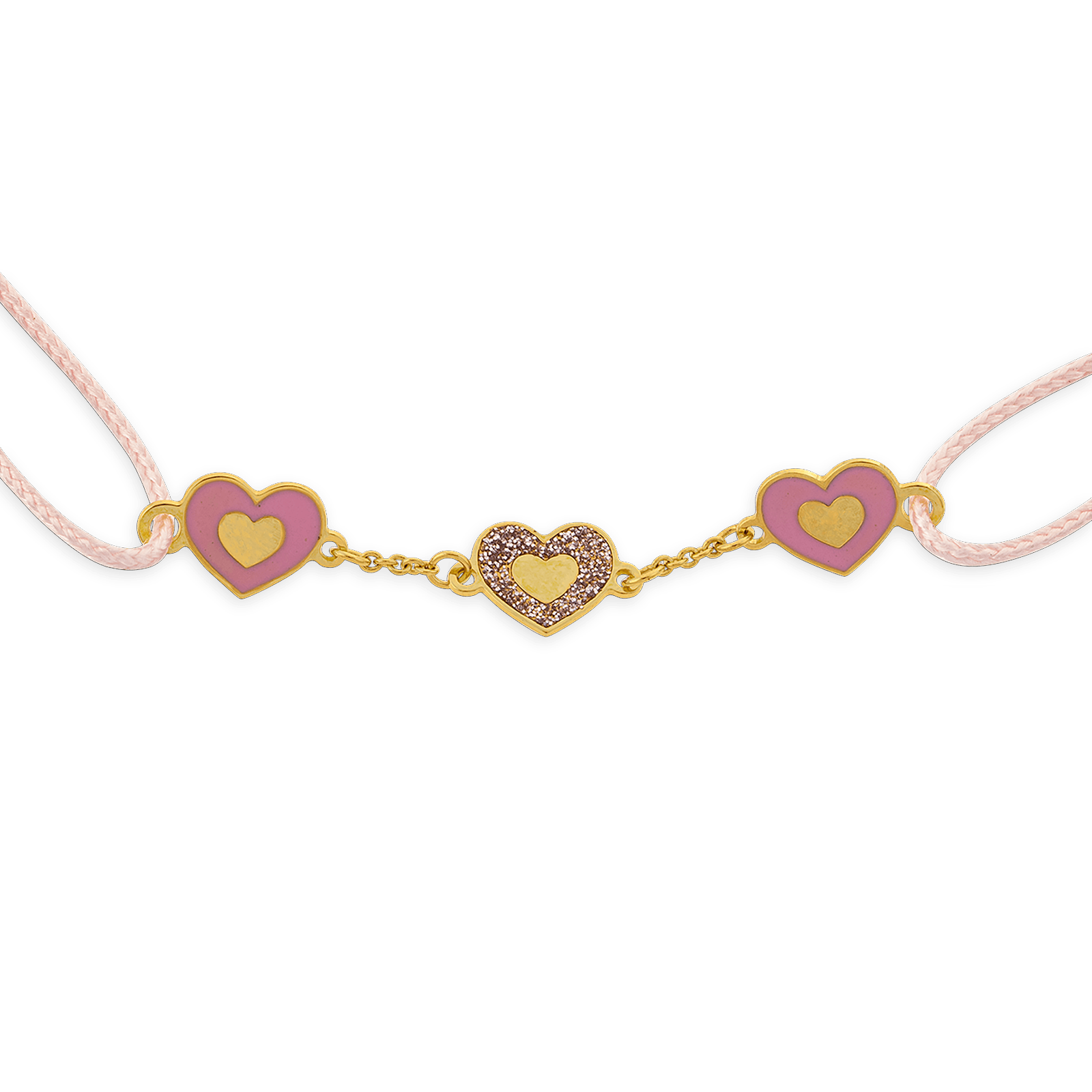 Bracelet Or375 Cœurs Email Pailleté Cordon Rose