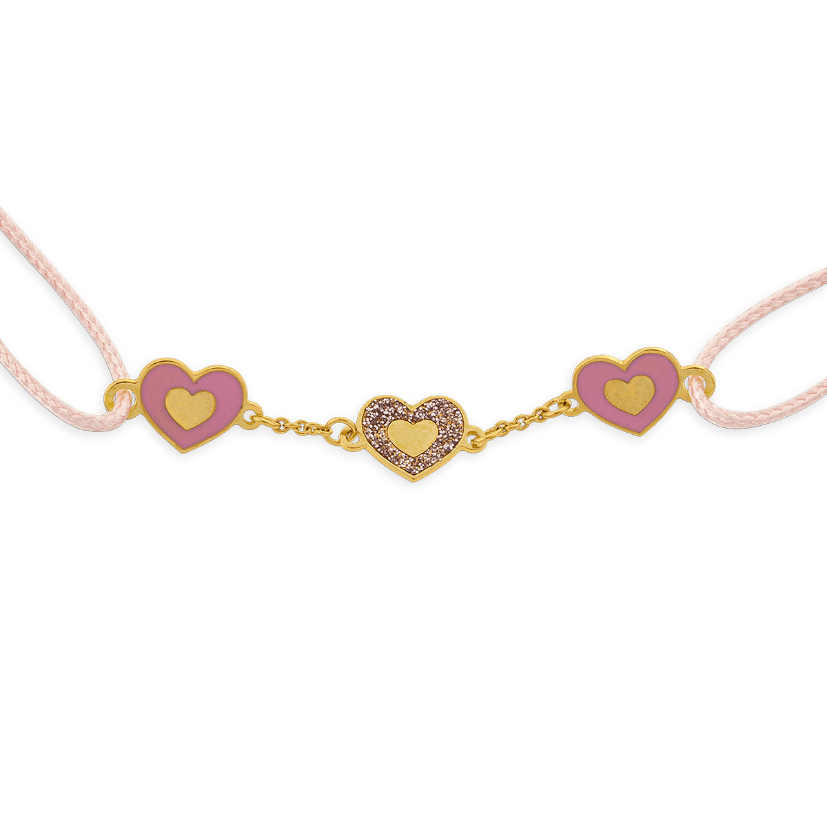Bracelet Or 375 Cœurs Email Rose Pailleté 6mm Cordon Rose 16cm