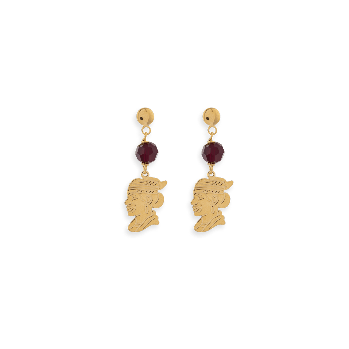 Boucles D'oreilles Or 750 Pendant 20mm Cayennaise 7.5*11.5 Cristal Grenat 4mm