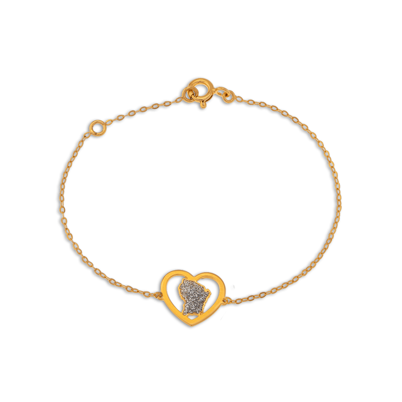 Bracelet Or 750 Coeur Carte Guyane Email Pailleté 17+2Cm