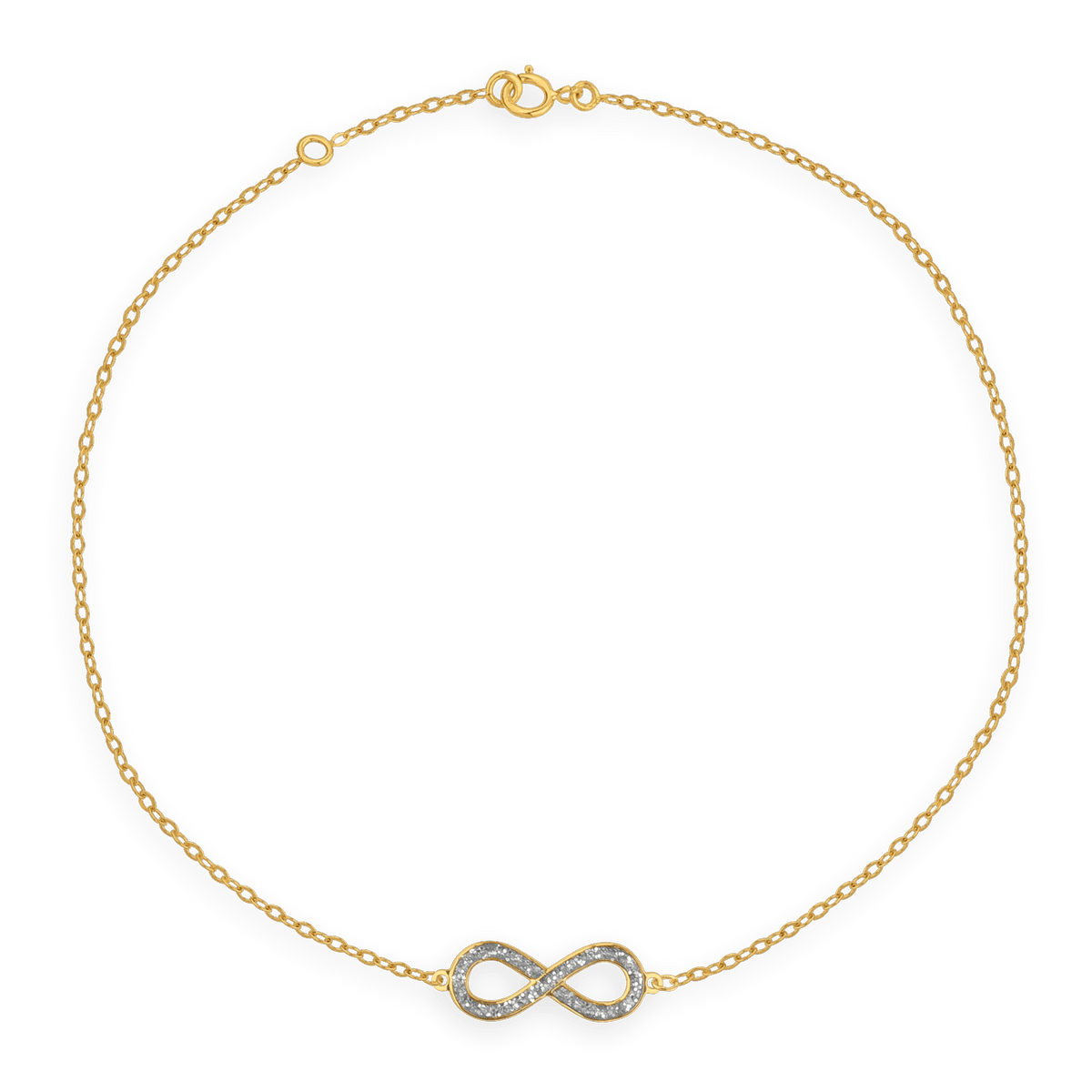 Chaîne Cheville Or 375 25 à 27cm Maille Forçat 1.5mm Motif Infini Pailleté 7*17mm