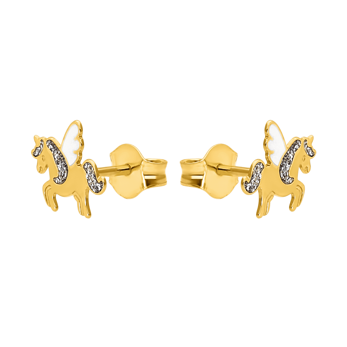 Boucles D'oreilles Or 375 Licorne Email Pailleté 8.3*6.3mm
