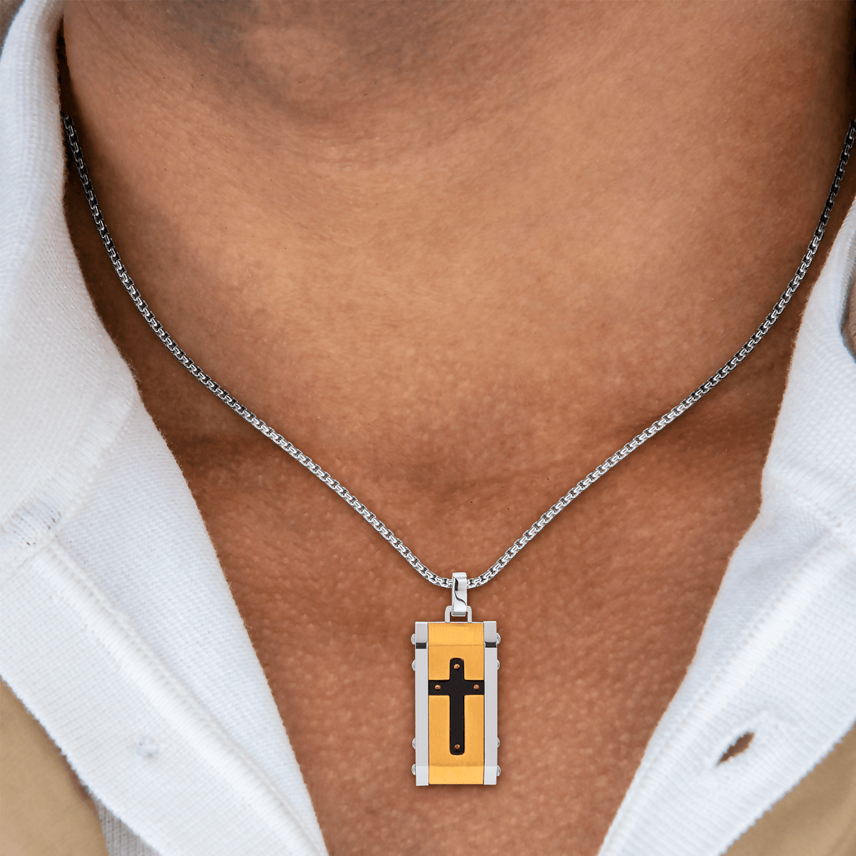 Collier Acier Tricolore Croix 15*35mm 55 à 60cm