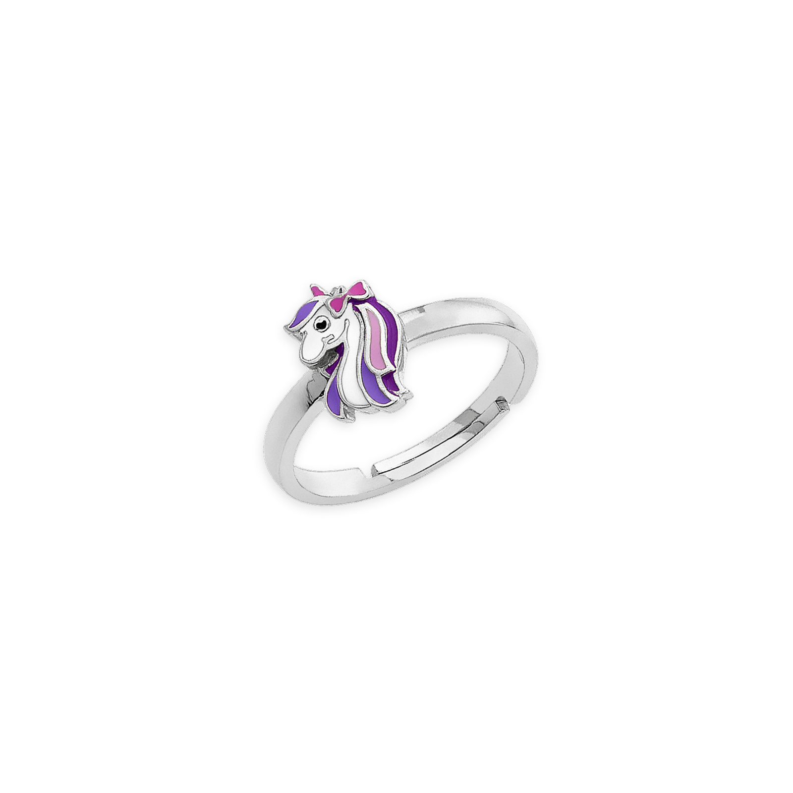 Bague Ajustable Argent925 Licorne Email Rose Violet Blanc