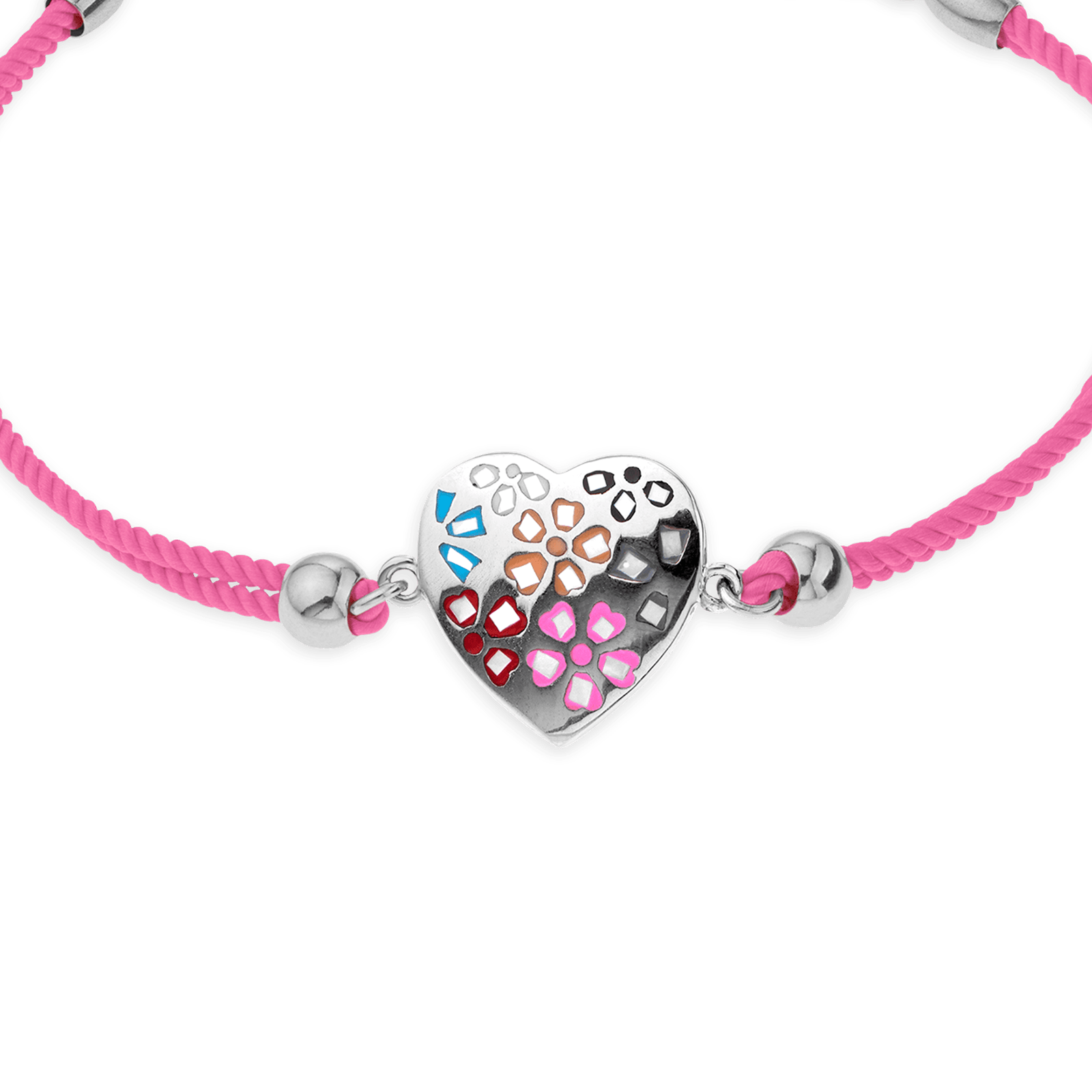 Bracelet Acier Cœur Email Multicolore Cordon rose