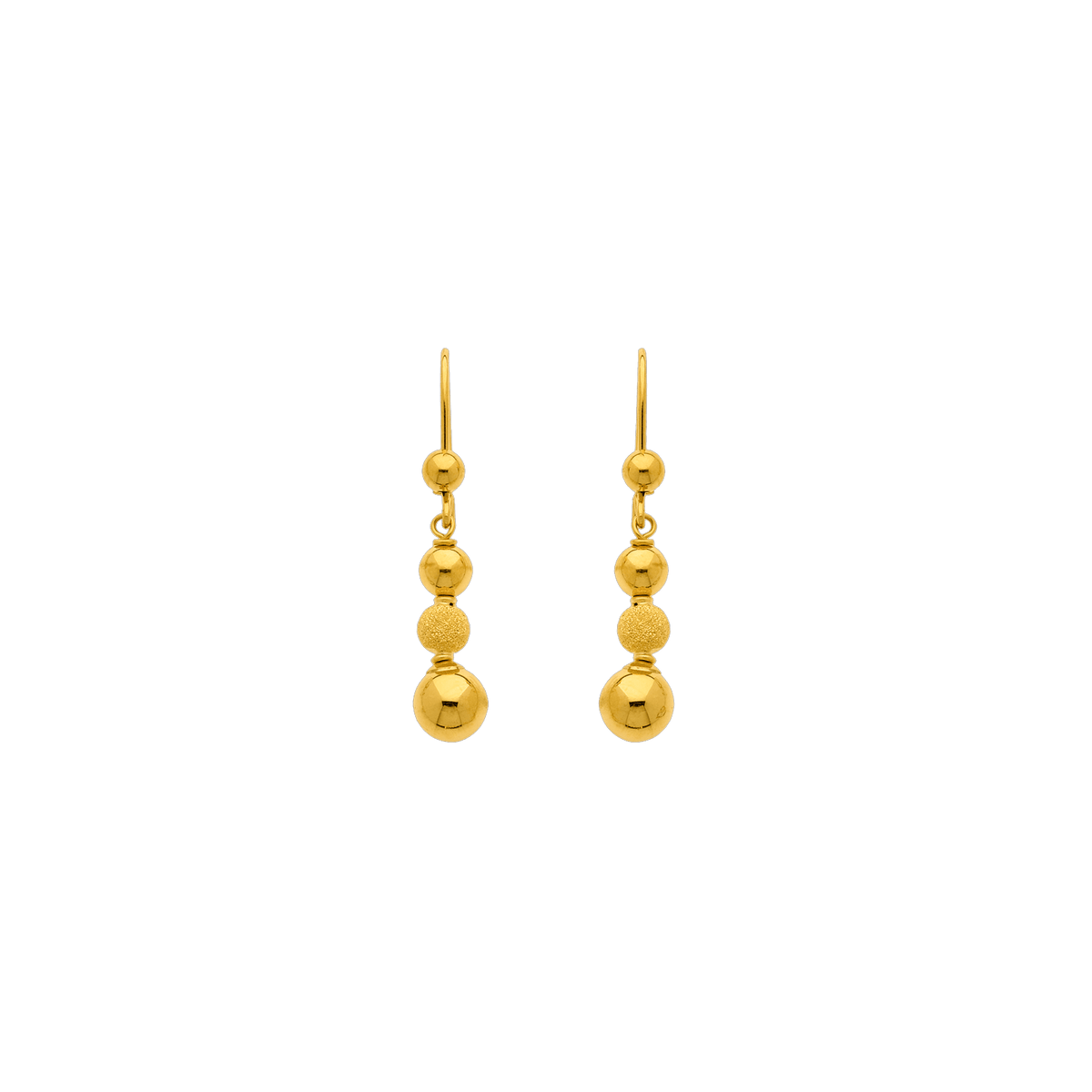 Boucles D'oreilles Or 750 Pendant 35mm Boules 3 à 6mm Lisses Sablées