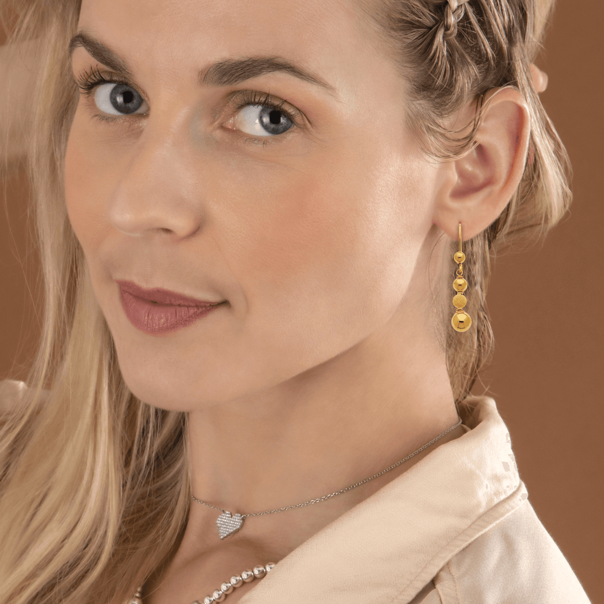 Boucles D'oreilles Or 750 Pendant 35mm Boules 3 à 6mm Lisses Sablées