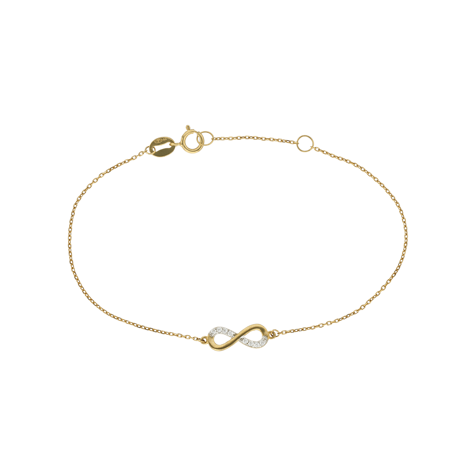 Bracelet Or 9kt maille forçat motif infini Oxyde de Zirconium 17+2cm