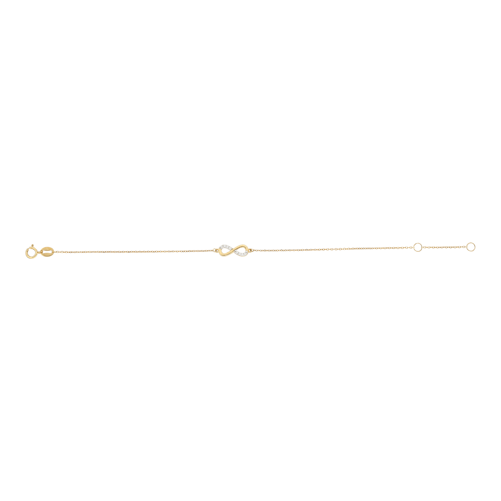 Bracelet Or 9kt maille forçat motif infini Oxyde de Zirconium 17+2cm
