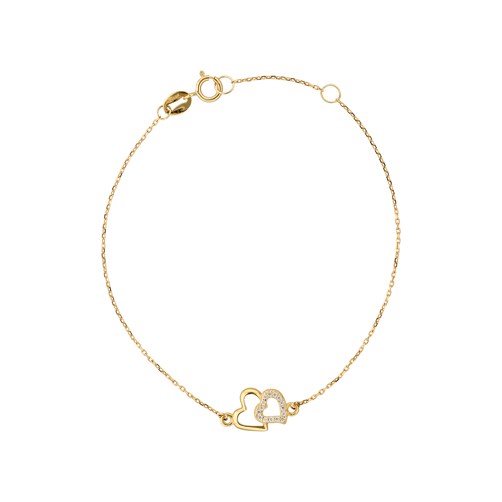 Bracelet fantaisie double coeur lisse et Oxyde de Zirconium 16 plus 2 centimètres