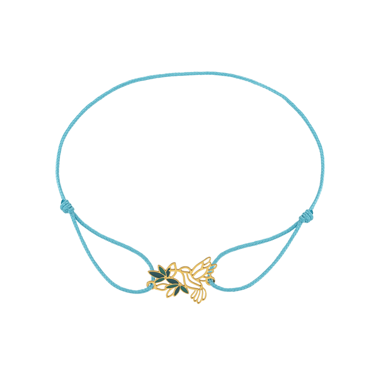 Bracelet Or 375 Colibri Fleur Email Vert Cordon Bleu 18cm