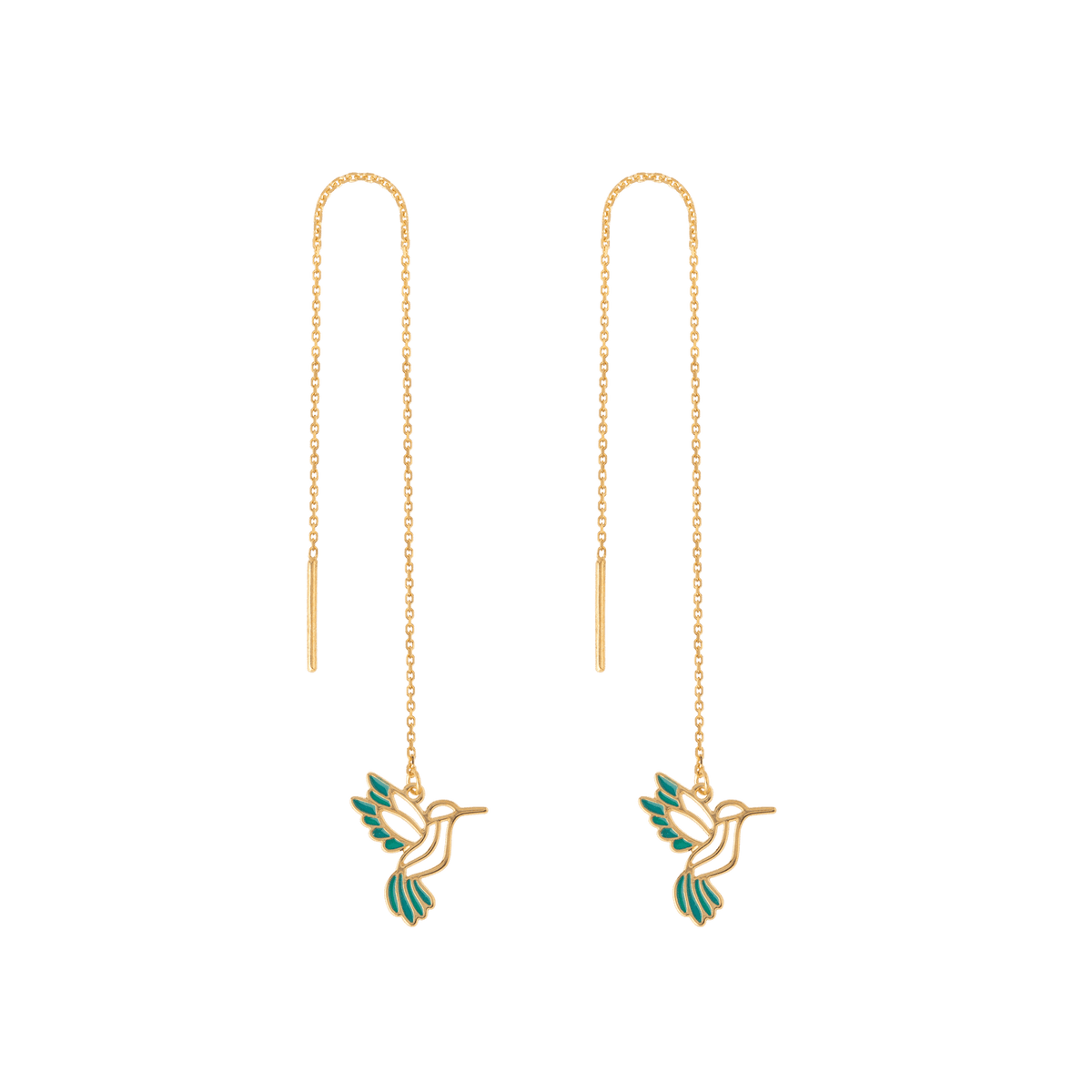 Boucles D'oreilles Or 375 Pendant 100mm Colibri Email Vert 10*10mm
