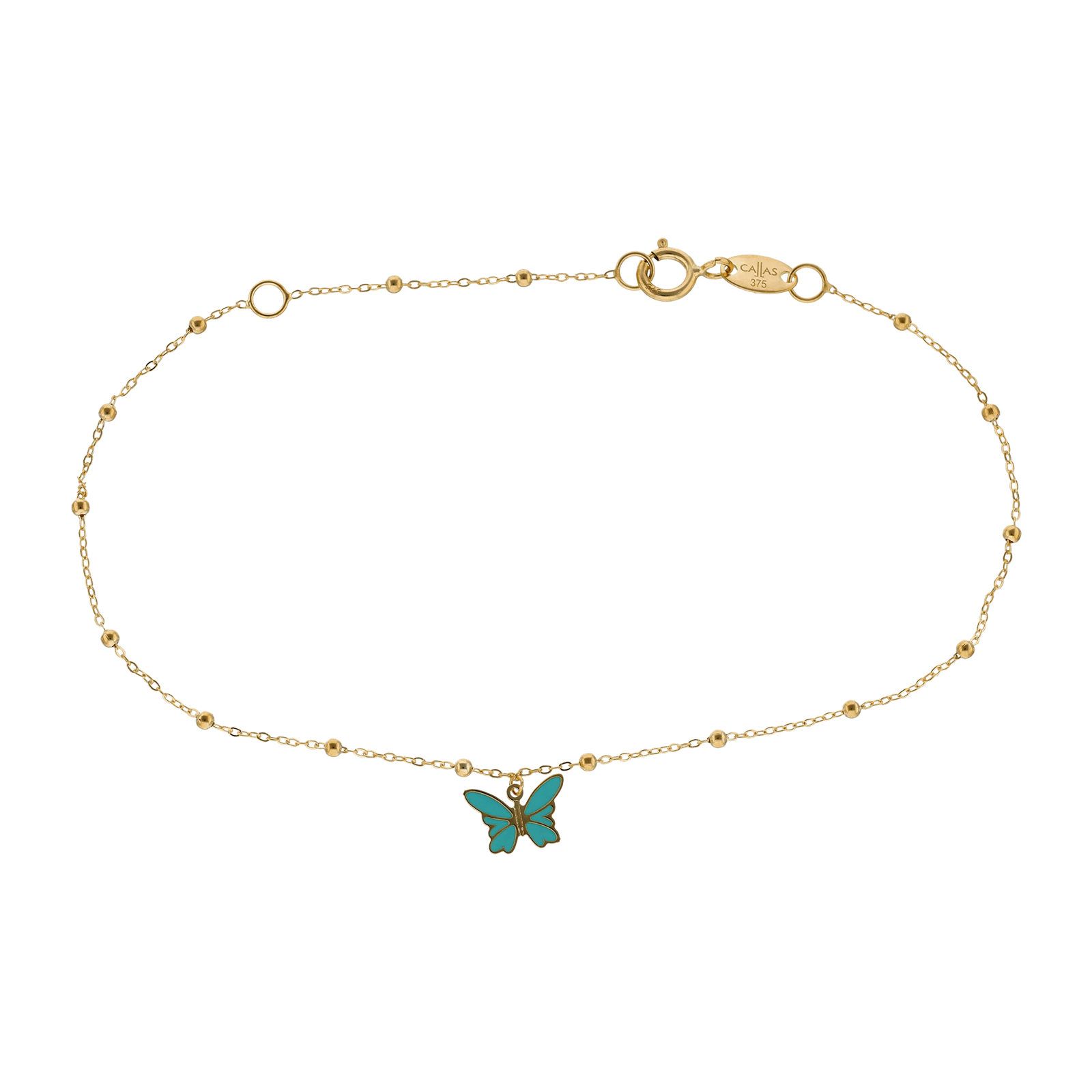 bracelet Callas boules Lisses et Petit Papillon laqué turquoise 17 plus 3 centimètres