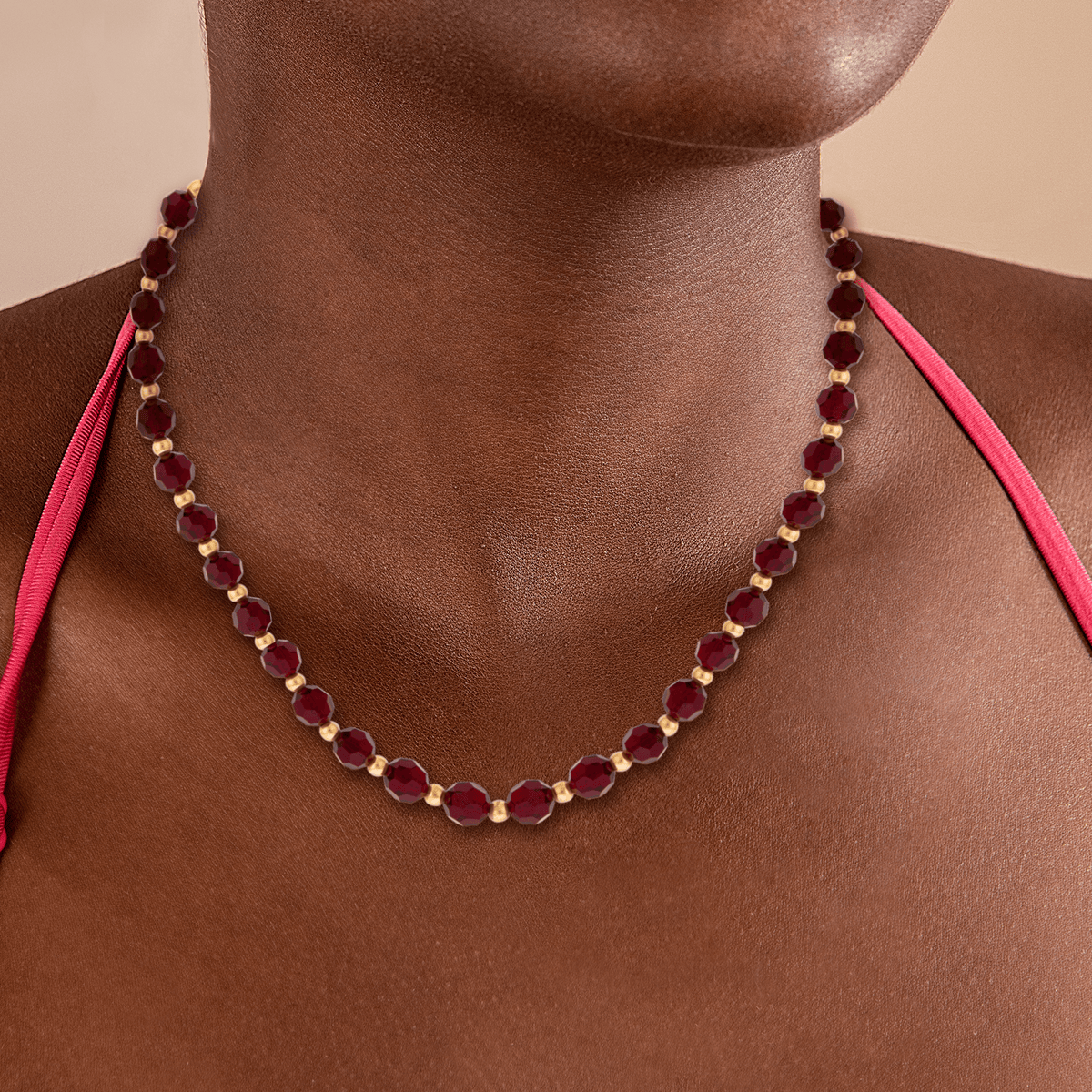 Collier Or 375 Cristal Grenat 6mm Boules 3mm 45cm