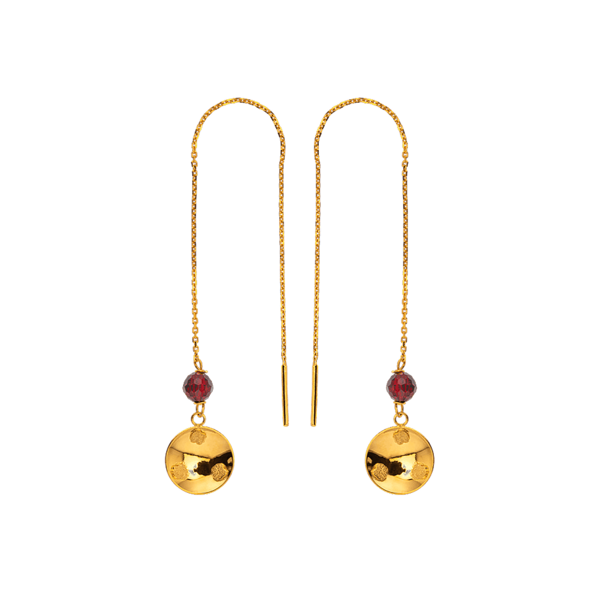 Boucles D'oreilles Or 750 Pendant 108mm Batée 9mm Cristal Grenat 4mm