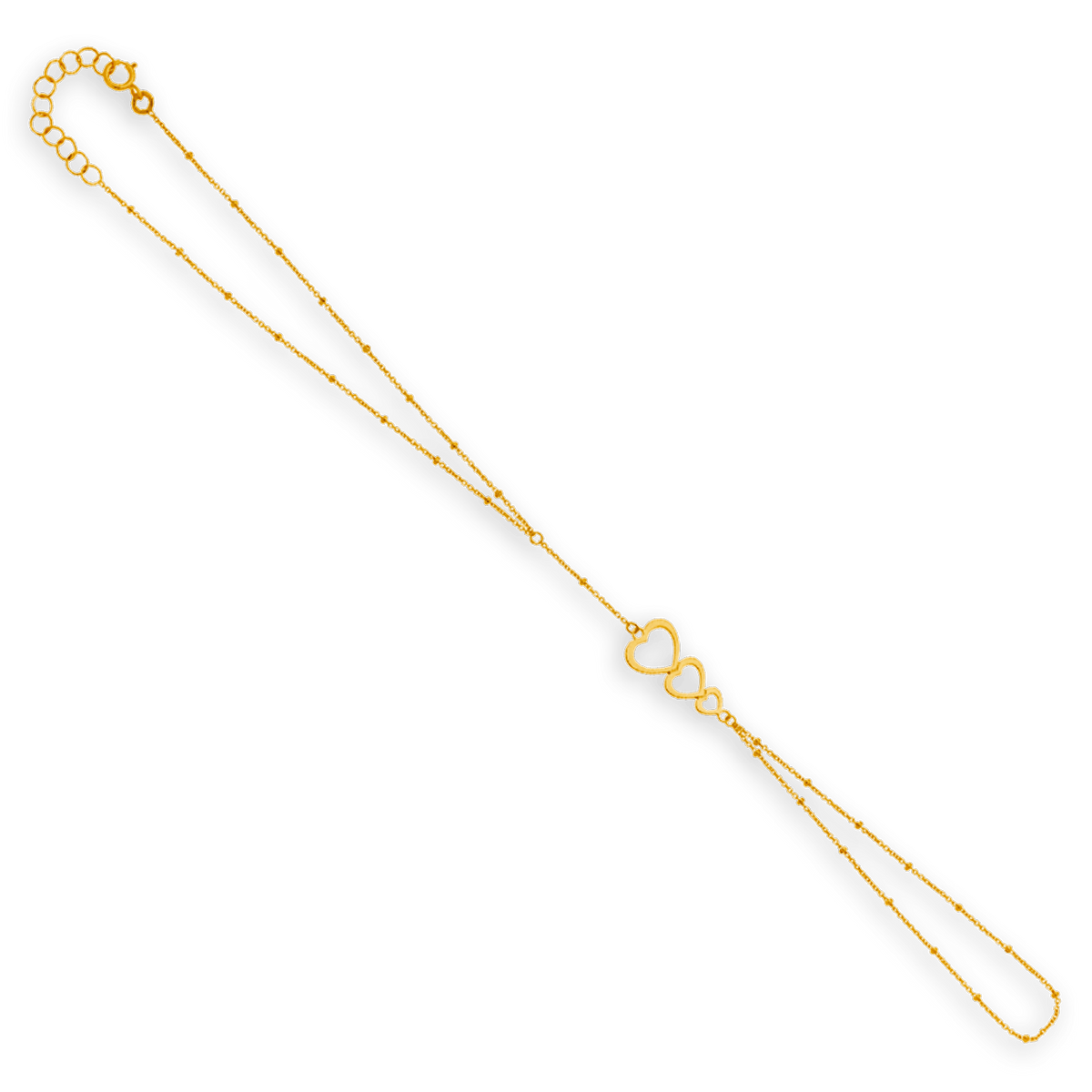 Chaîne Main Or 375 0.7mm 15 à 18cm Grain D'or 1.5mm Coeurs 8.5*20mm
