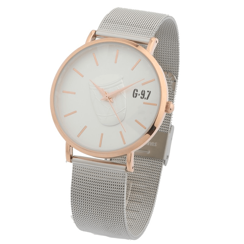 montre homme g97 chaîne de patrimoine en martinique argent boite ion plating rose cadran argent bracelet maille milanaise acier 3 atm