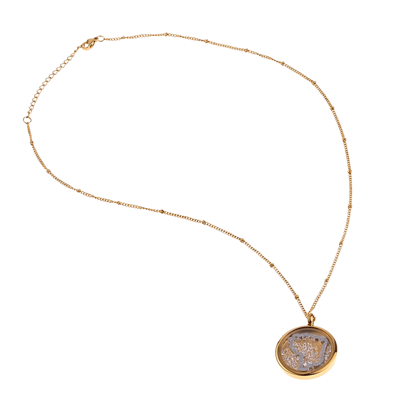 collier acier femme callas acier doré carte guyane paillettes argent sous verre et oxyde de zirconium 45+5cm