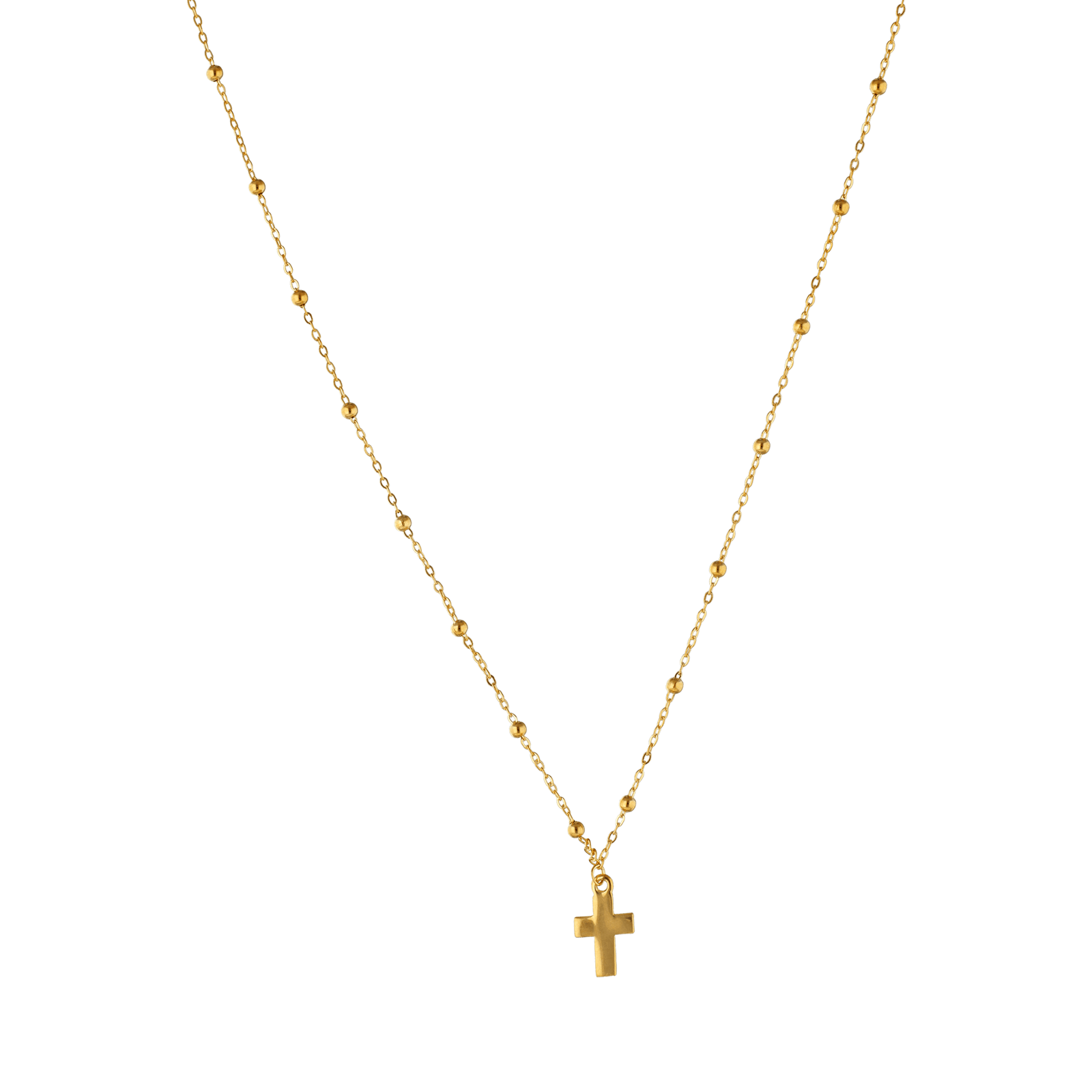 Collier Or375 Boules Lisses Pendant Croix Lisse 42A45cm