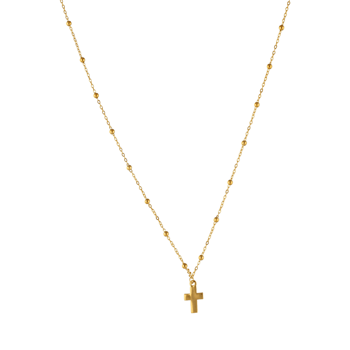 Collier Or 375 Boules Lisses Pendant Croix Lisse 42 à 45cm